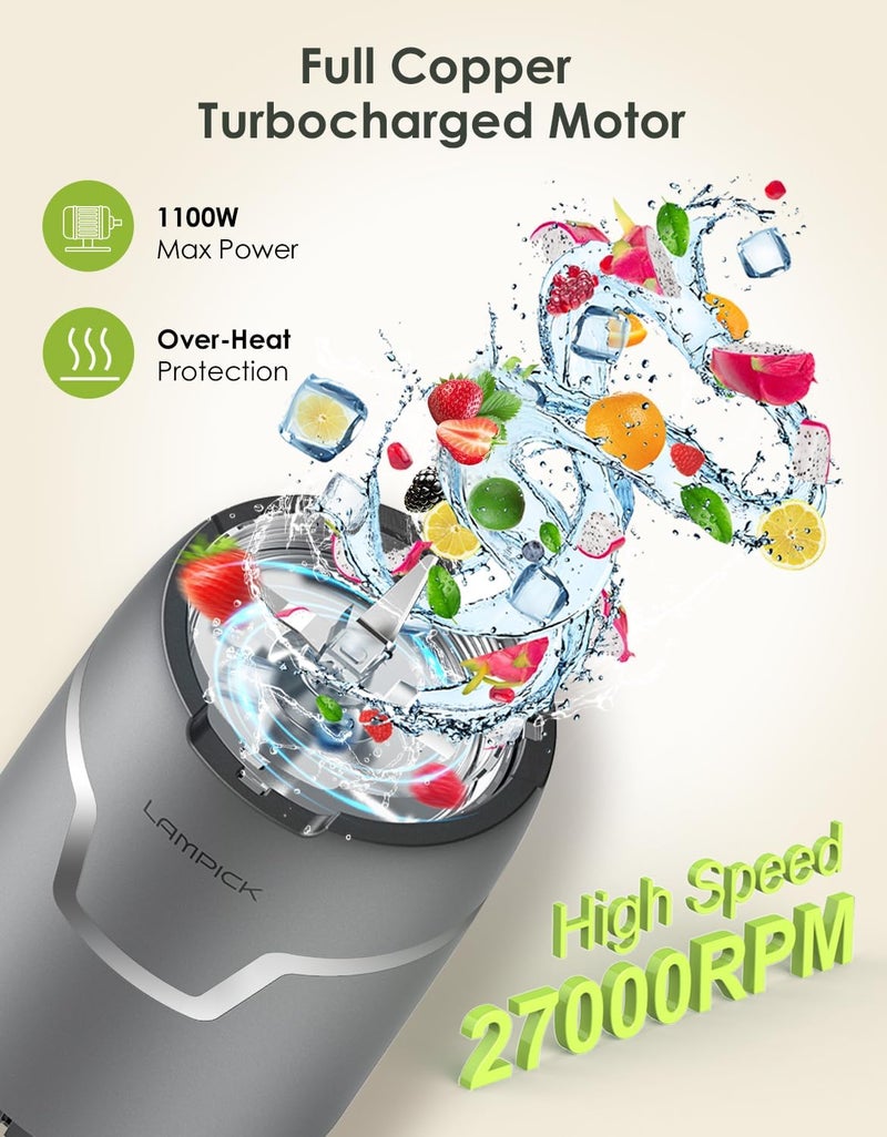LAMPICK Smoothie Blender, 1100W Personal Blender for Shakes and Smoothies, Blenders and Grinder Combo for Kitchen with 2 * 22 Oz To-Go Cup and Lid for Protein Shake, Baby Food, Frozen Drink - Image 2